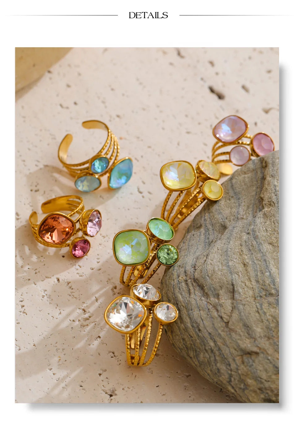 Crystal multi-color geometric ring in 18K gold-plated stainless steel with crystal.