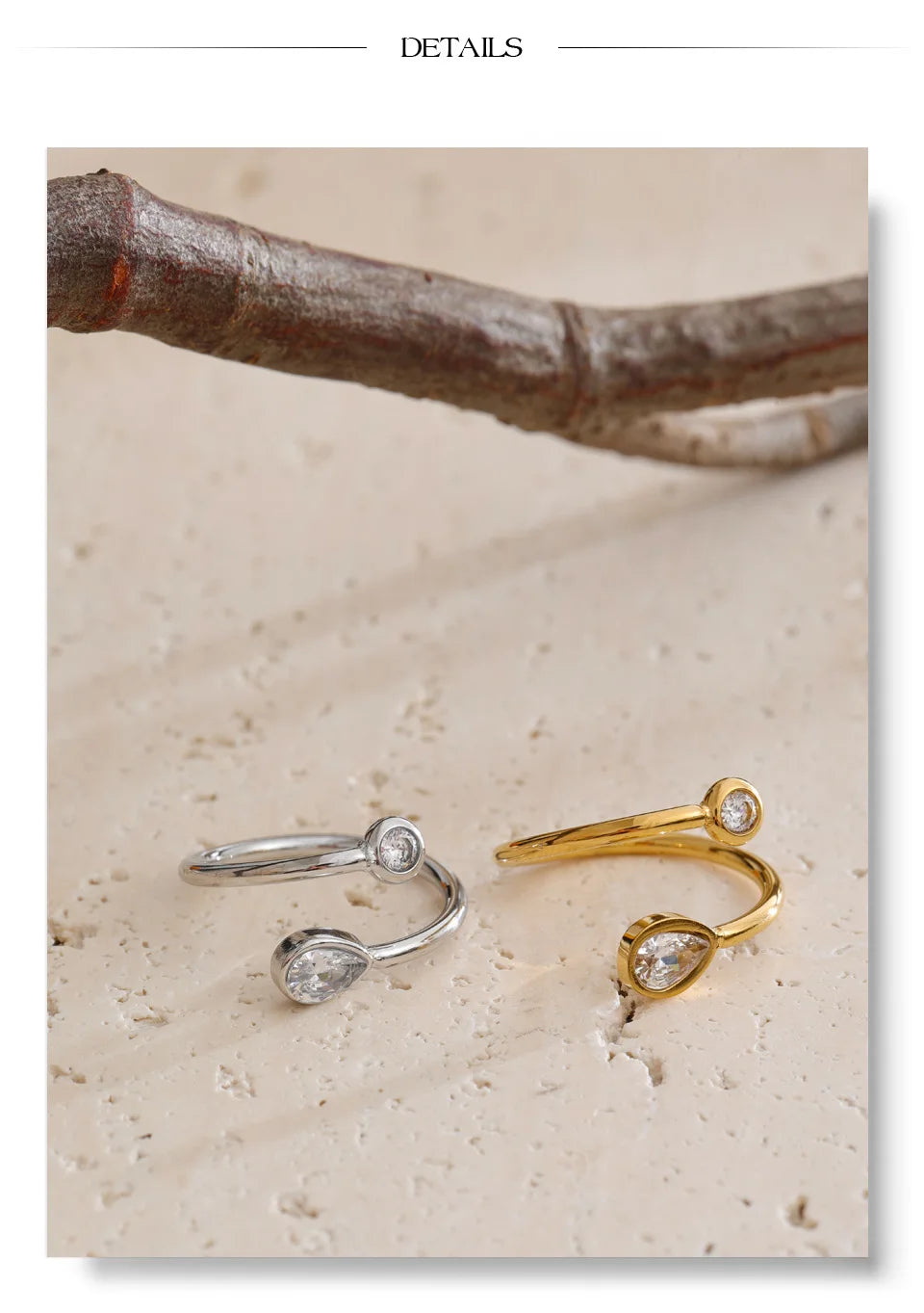 Cubic zirconia geometric ring in 18K gold-plated stainless steel with cubic zirconia.