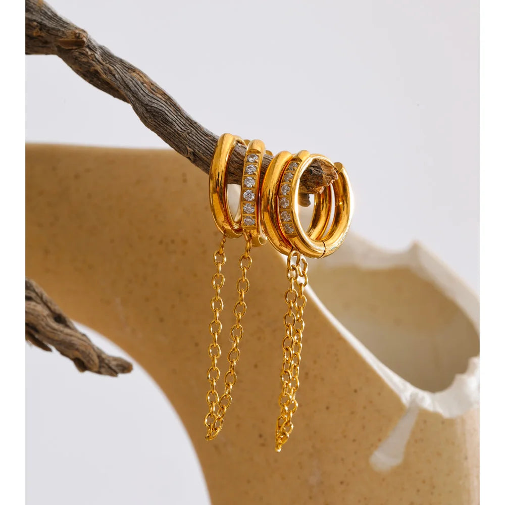 Cubic Zirconia Geometric Chain Earrings — Gold-Plated Stainless Steel with Cubic Zirconia · PS1462