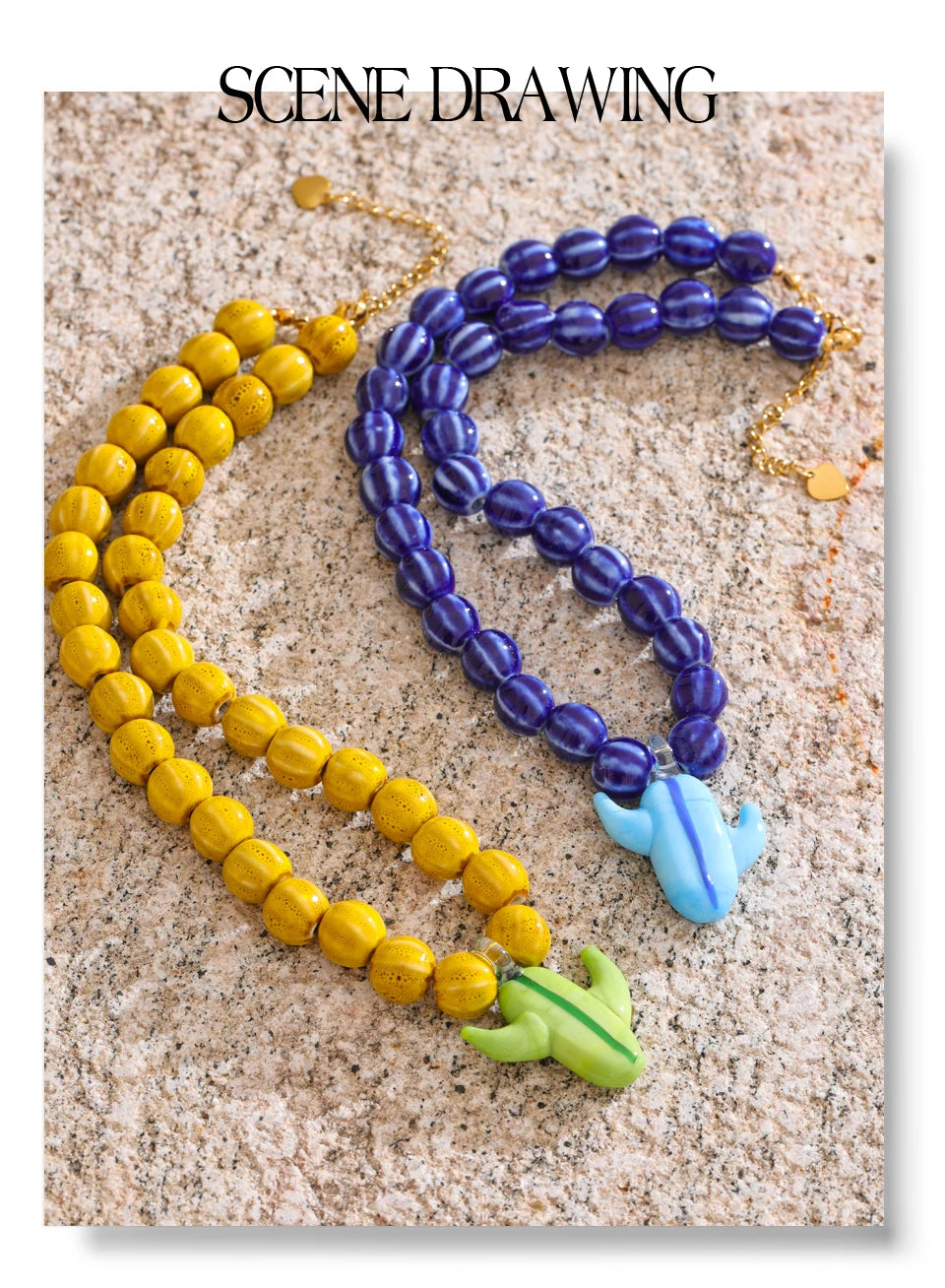 Blue beaded geometric necklace in gold-plated stainless steel.