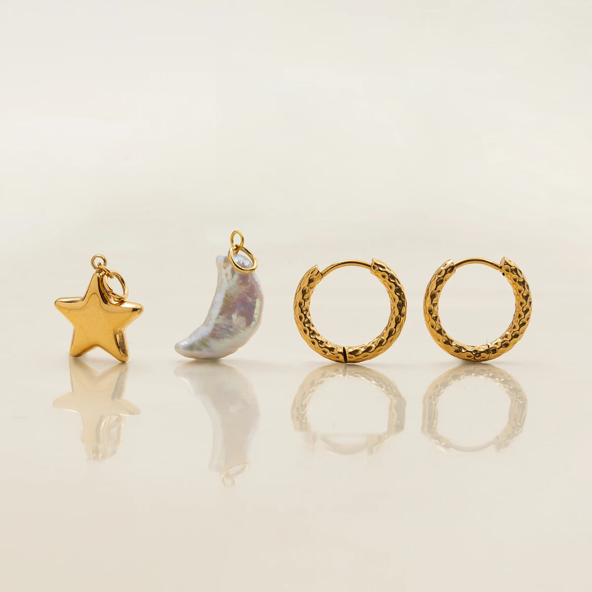 Pearl Moon Star Earrings — Stainless Steel · PS334