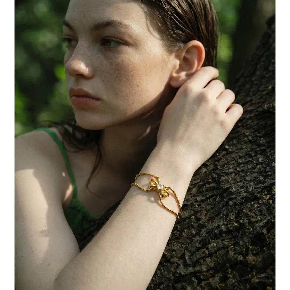 Cubic Zirconia Flower Geometric Bracelet — Gold-Plated Stainless Steel with Cubic Zirconia · PS1406