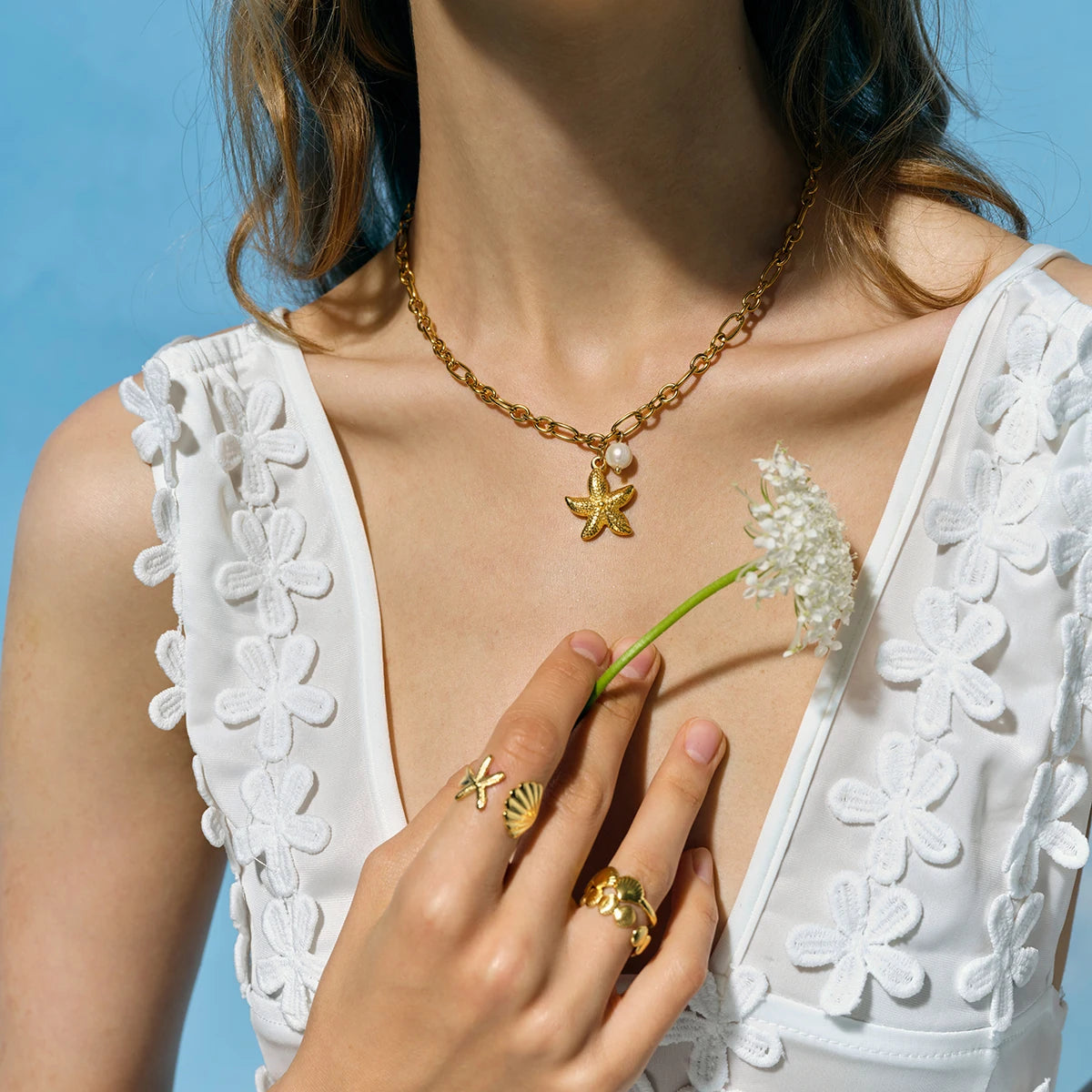 Shell Starfish Layered Necklace — Stainless Steel · PS161