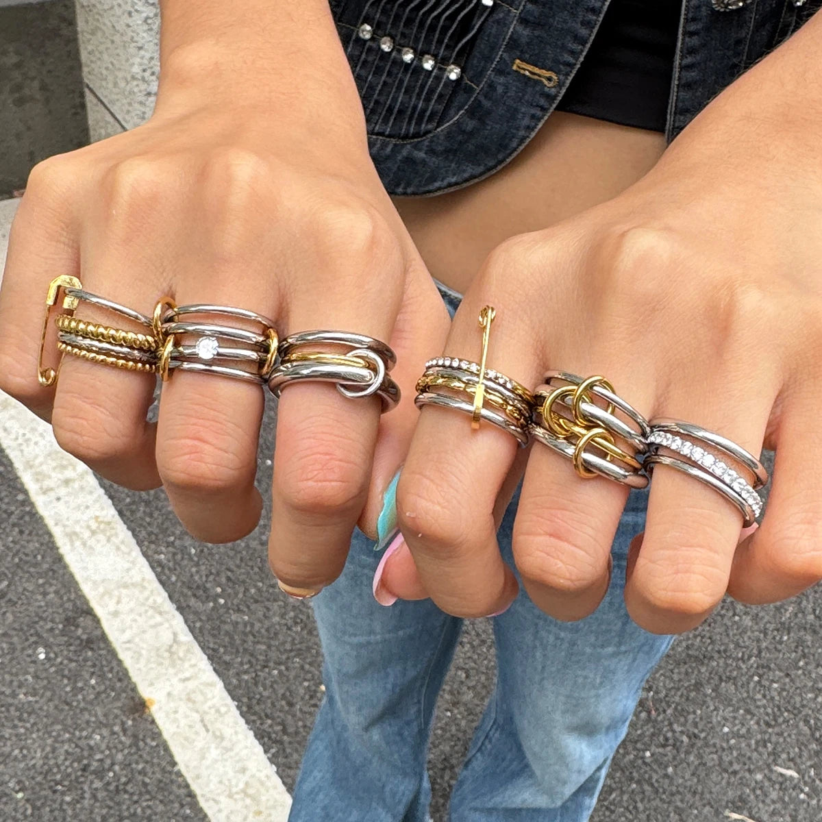Mixed Crystal Ring Stack — Stainless Steel · PS223