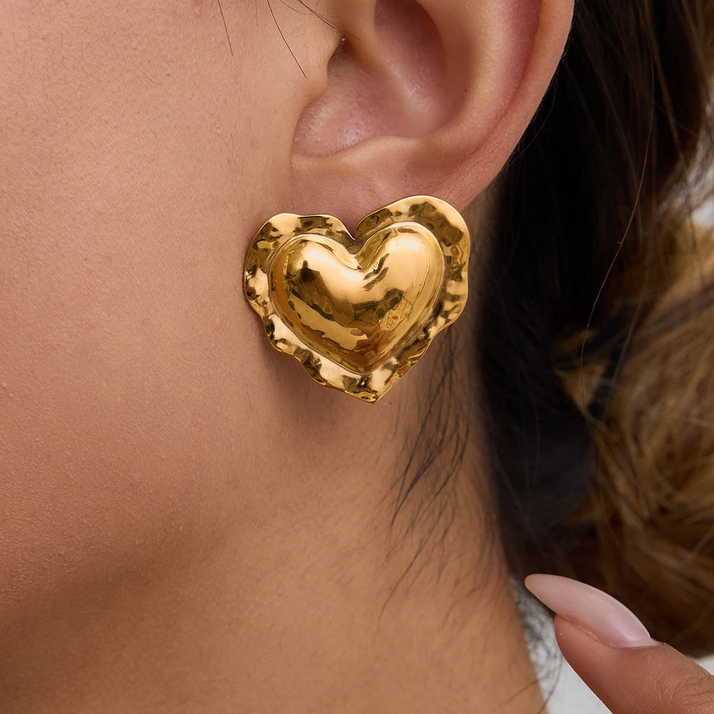 Two-Tone Puffy Heart Earrings — Stainless Steel · PS062
