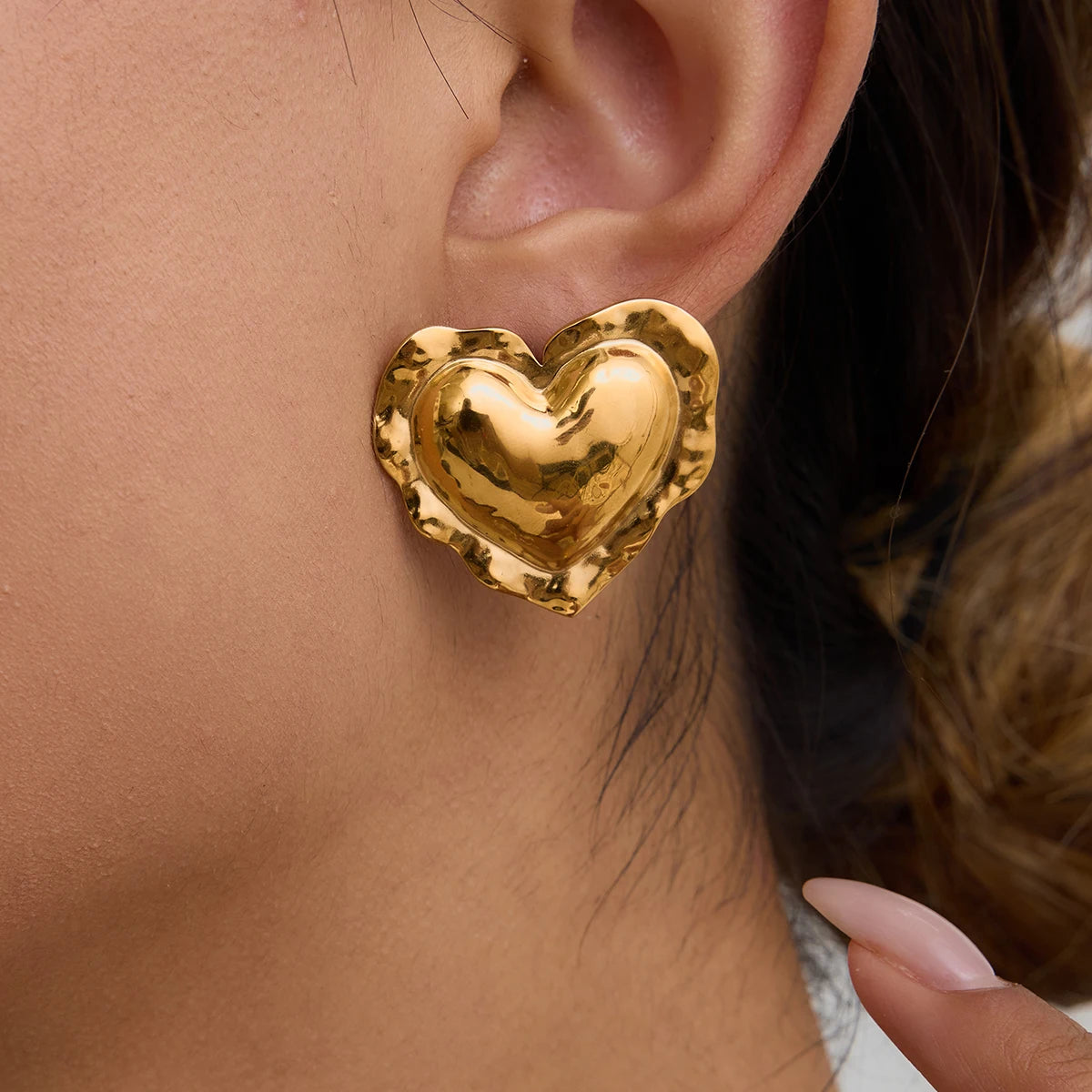 Two-Tone Puffy Heart Earrings — Stainless Steel · PS062