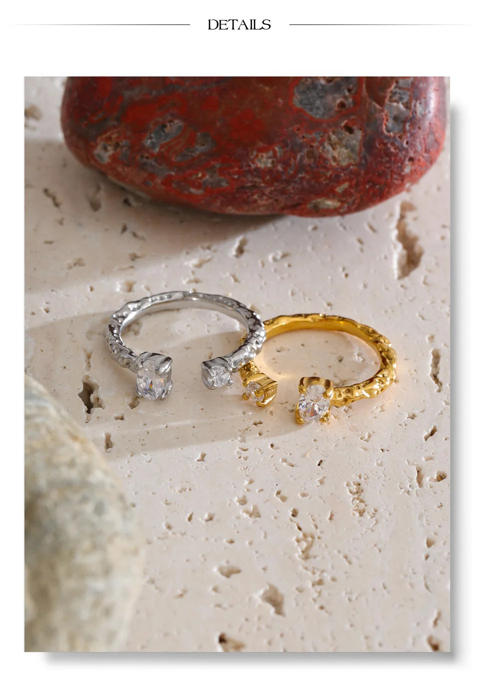 Cubic zirconia geometric ring in 18K gold-plated stainless steel with cubic zirconia.
