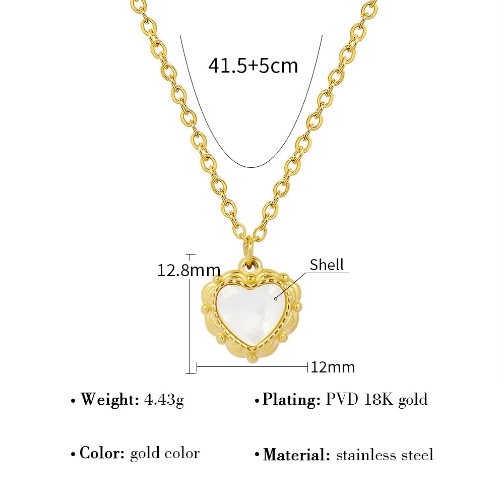 Pendant Necklace White Shell Heart Charm — 316L Stainless Steel · PS413