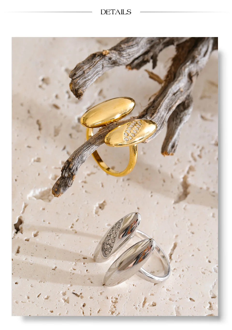 Cubic zirconia geometric ring in 18K gold-plated stainless steel with cubic zirconia.