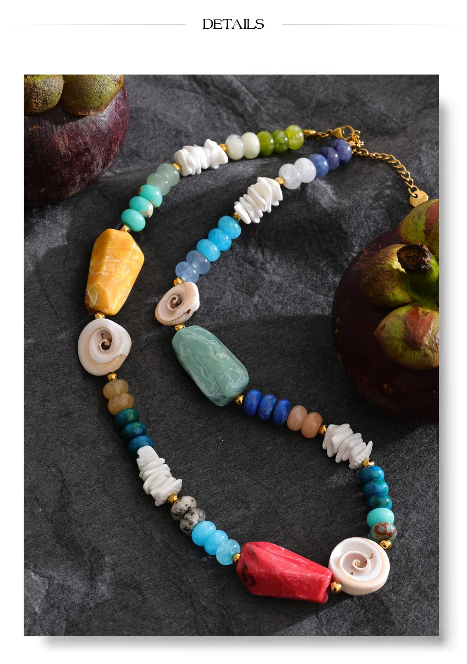 Shell resin natural stone necklace in gold-plated stainless steel with natural stone and shell.