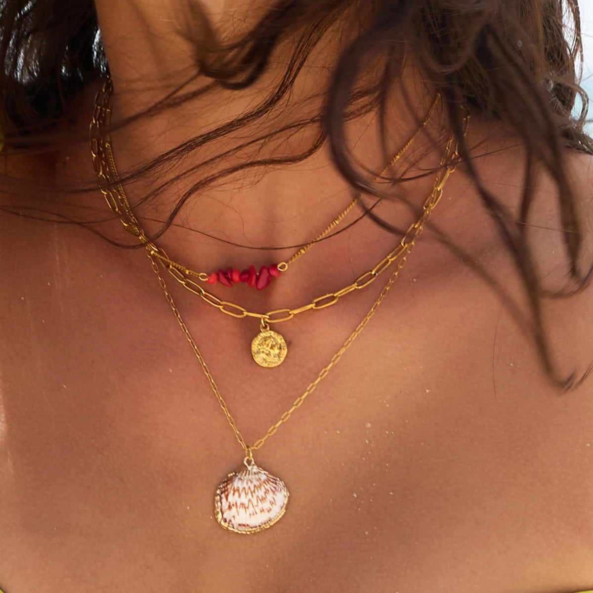Shell Coin Layered Necklace — Stainless Steel · PS181