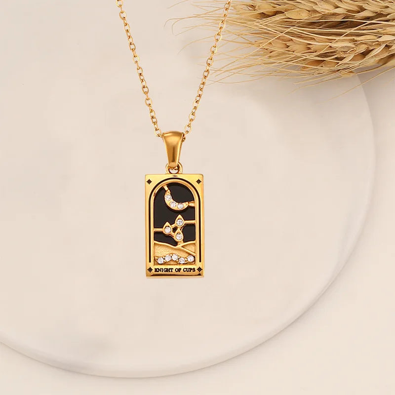 Zirconia Tarot Card Necklace Classic Tarot Queen Lover Magician Moon Wealth Amulet Stainless Steel Jewelry