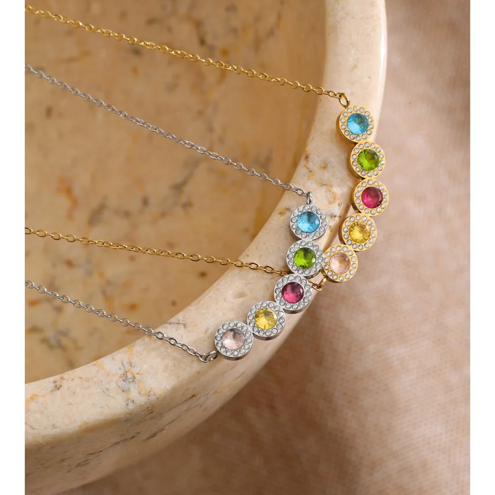 Cubic zirconia multi-color geometric necklace in gold-plated stainless steel with cubic zirconia.