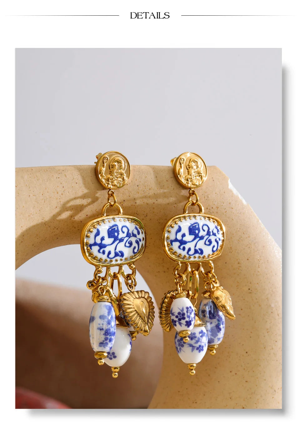 Blue heart flower earrings in gold-plated stainless steel.