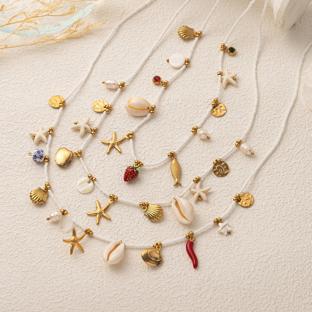 Bohemian Beach Shell Necklace Imitation Pearl Sea Star Conch Pendant Necklace Jewelry Gold Plated