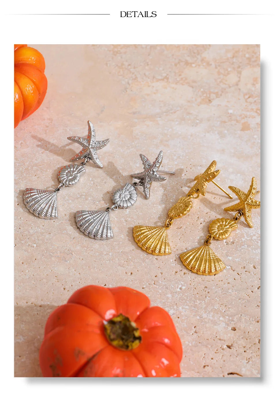 Shell star geometric earrings in gold-plated stainless steel with shell.