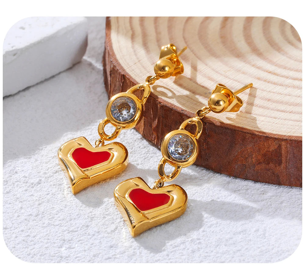 Drop Piercing Earrings Zircon Crystal Red Enamel — 316L Stainless Steel · PS425