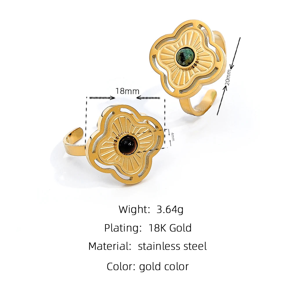 Ring Natural Stone Inlaid In Metal Texture Flowers — 316L Stainless Steel · PS461