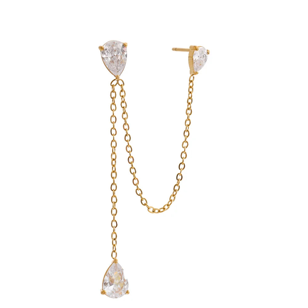 Cubic zirconia chain earrings in gold-plated stainless steel with cubic zirconia.