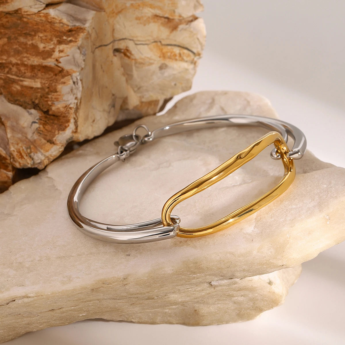 Two-Tone Oval Link Cuff Bracelet — Stainless Steel · PS043