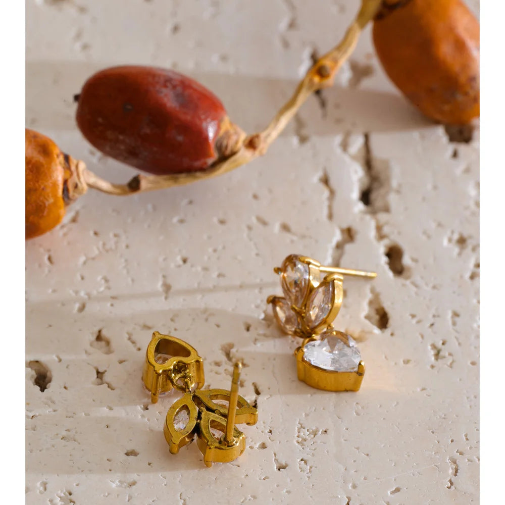 Cubic Zirconia Heart Flower Earrings — Gold-Plated Stainless Steel with Cubic Zirconia · PS1308
