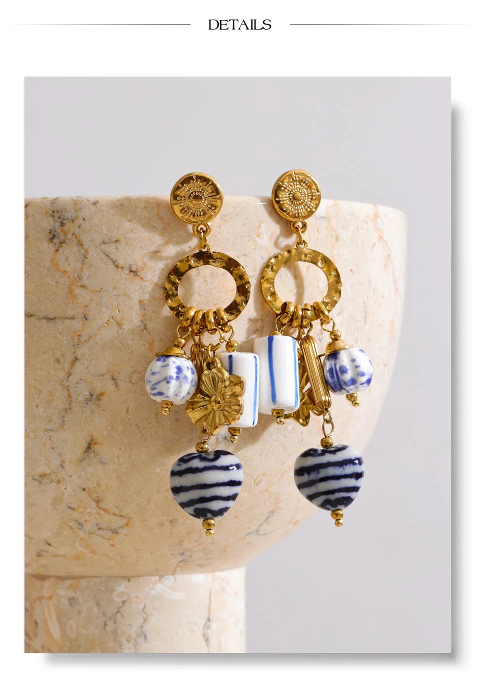 Blue heart flower earrings in gold-plated stainless steel.