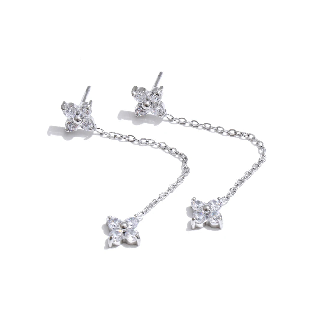 Cubic Zirconia Flower Chain Earrings — Gold-Plated Stainless Steel with Cubic Zirconia · PS1290