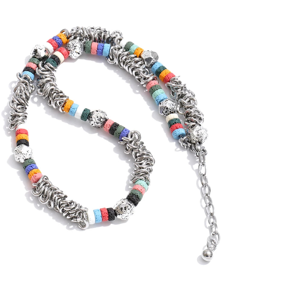 Glass natural stone geometric necklace in gold-plated stainless steel with natural stone.