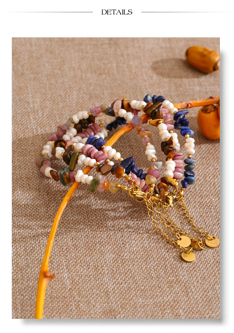 Freshwater pearl natural stone beaded necklace in gold-plated stainless steel with freshwater pearl and natural stone.