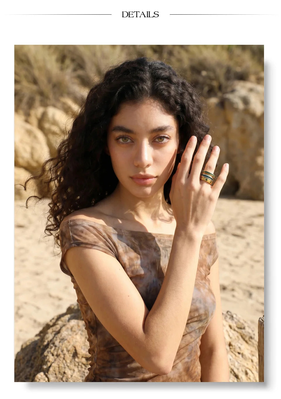 White cubic zirconia geometric ring in 18K gold-plated stainless steel with cubic zirconia.