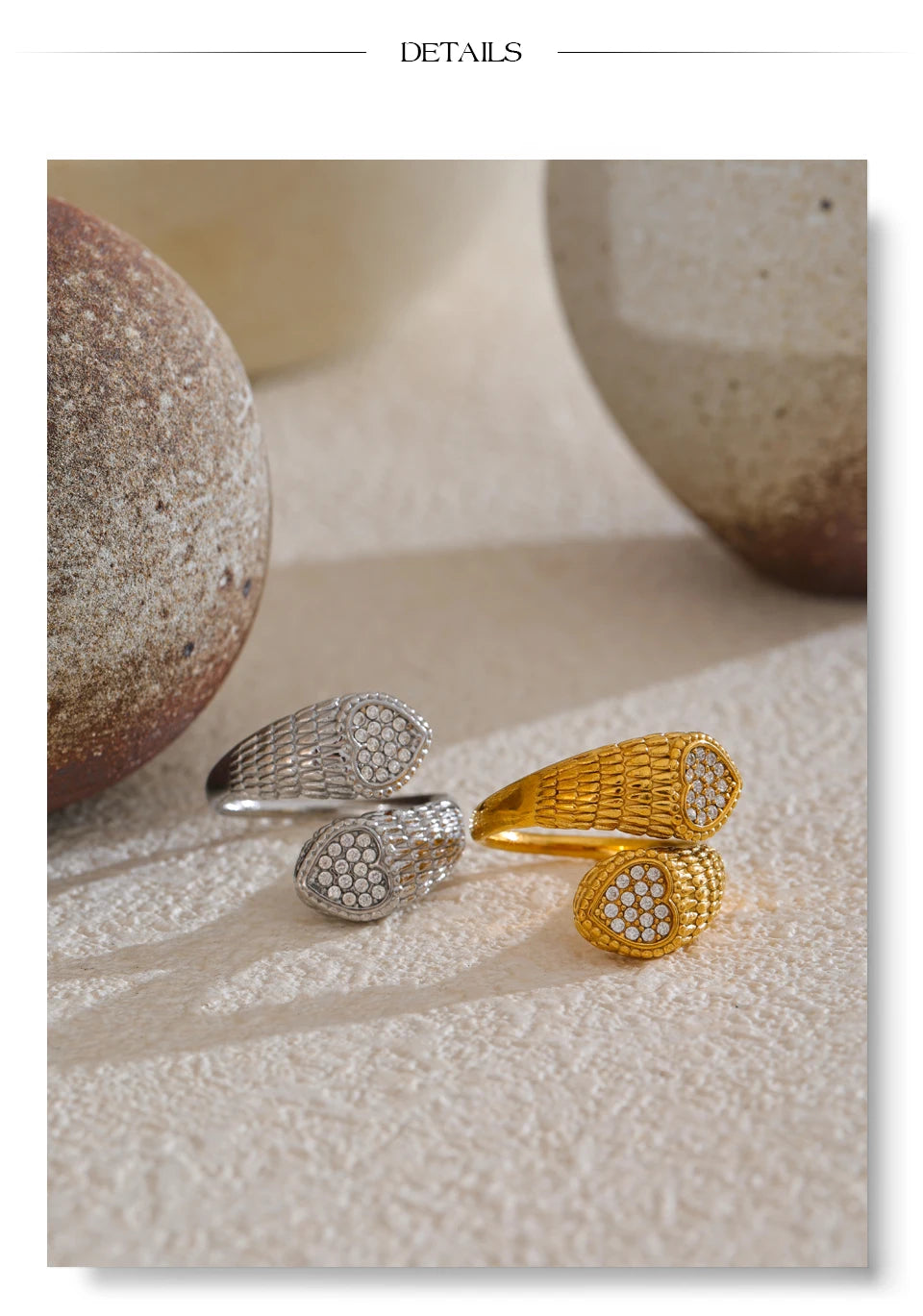 Cubic zirconia heart snake ring in gold-plated stainless steel with cubic zirconia.