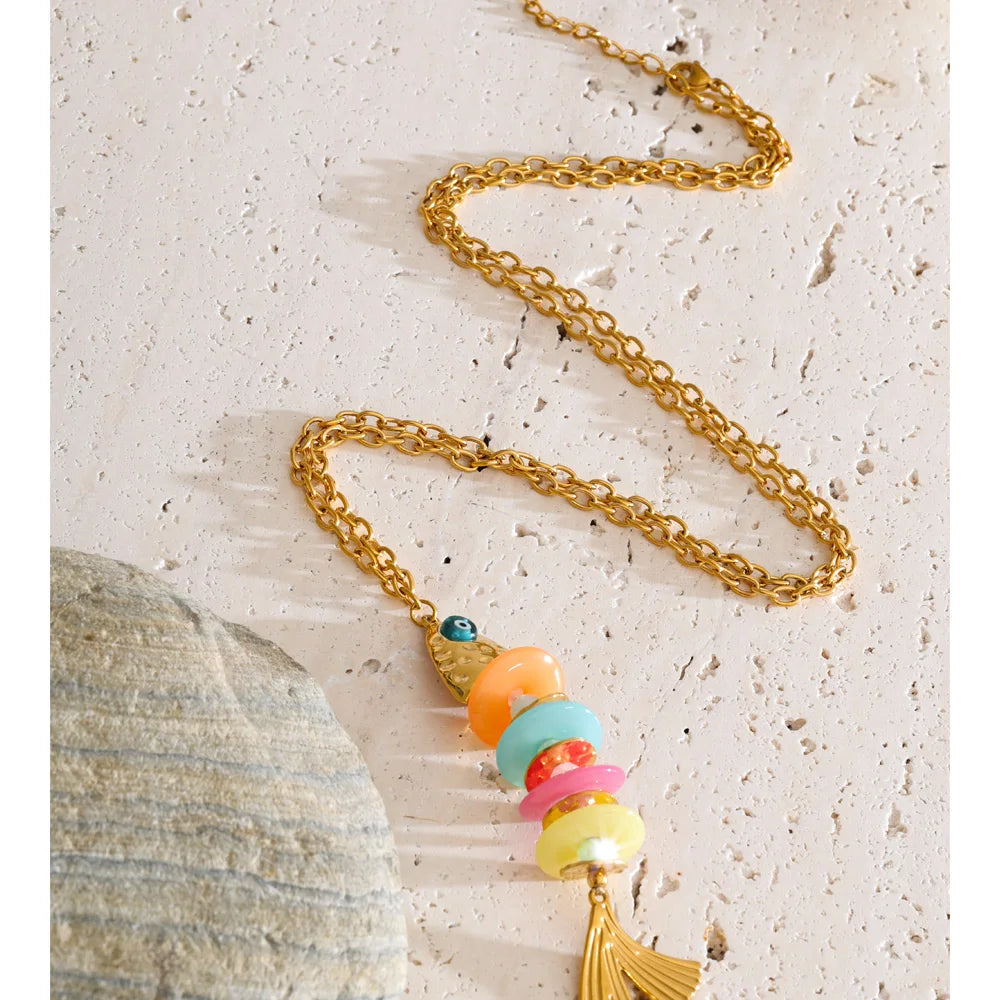 Resin Multi-Color Geometric Necklace — Gold-Plated Stainless Steel with Resin · PS2307