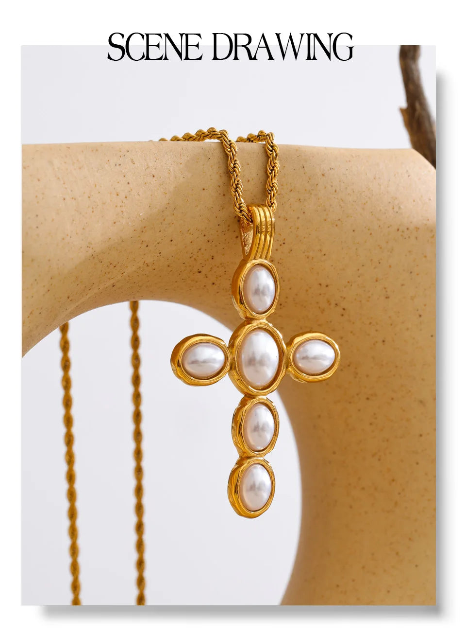 Pearl cross necklace in gold-plated stainless steel with pearl.