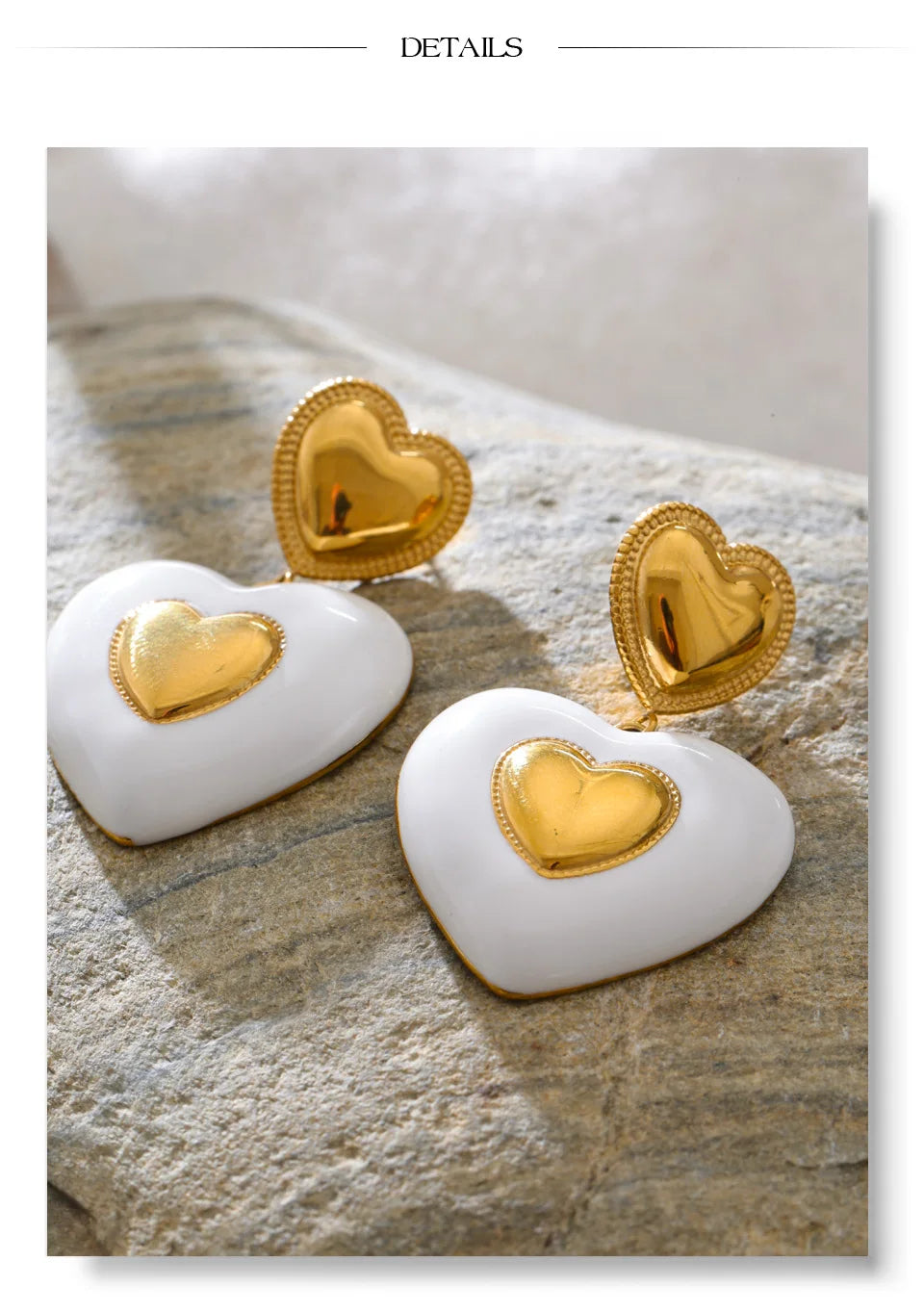 White enamel heart earrings in gold-plated stainless steel with enamel.