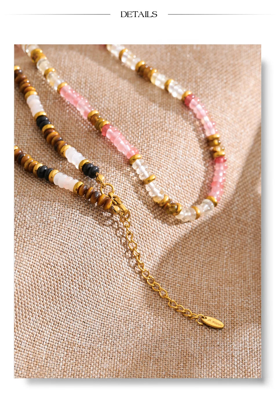 Pink natural stone beaded necklace in gold-plated stainless steel with natural stone.