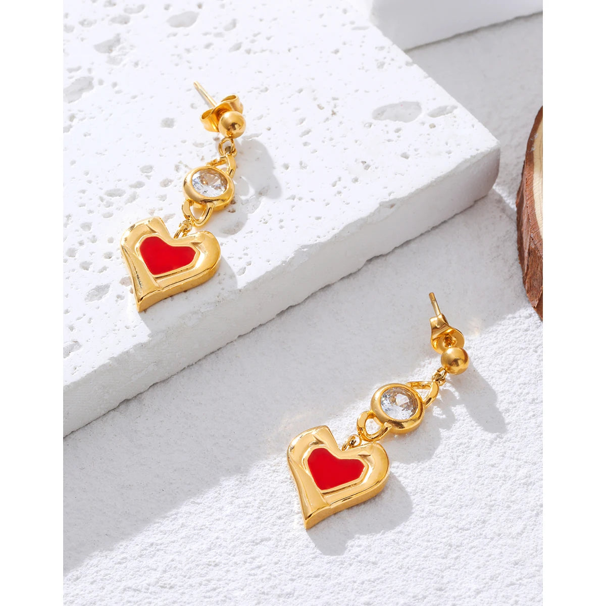 Drop Piercing Earrings Zircon Crystal Red Enamel — 316L Stainless Steel · PS425