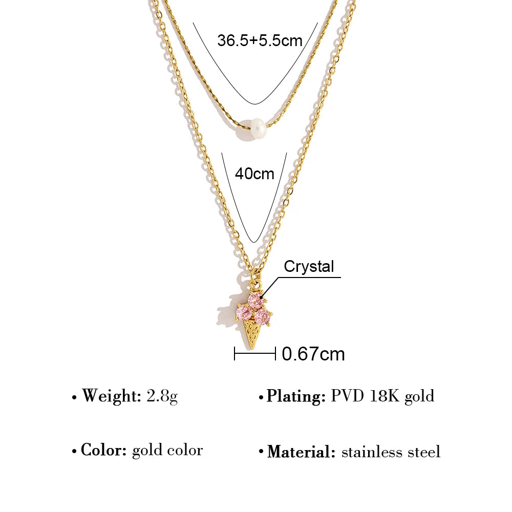 Pink Crystal Ice Cream Pendant Necklace Charm — 316L Stainless Steel · PS455