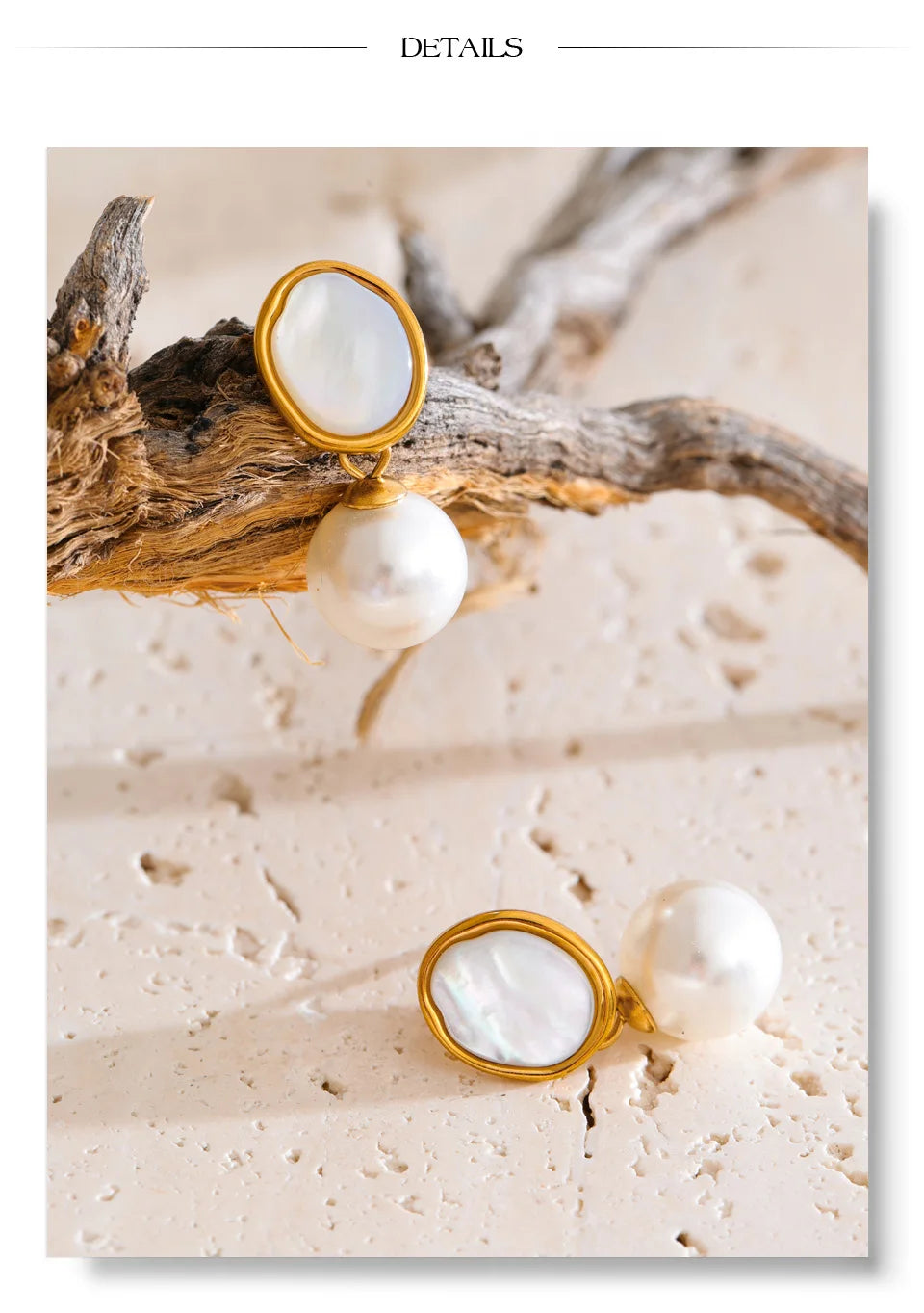 Pearl shell geometric earrings in gold-plated stainless steel with pearl and shell.
