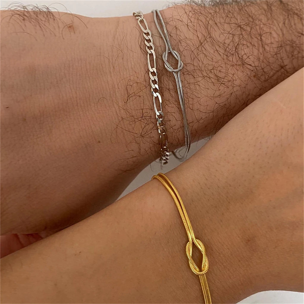 Valentine's Day Gift Titanium Steel Knot Snake Chain Bracelet Handmade Knot Herringbone Ring Plated with True Gold