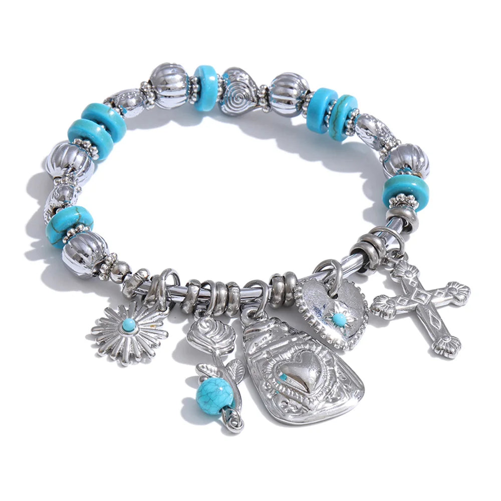 Natural Stone Heart Flower Bracelet — Gold-Plated Stainless Steel with Natural Stone · PS1086