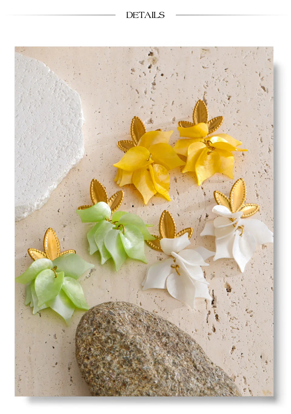 White resin acrylic earrings in gold-plated stainless steel with resin and acrylic.