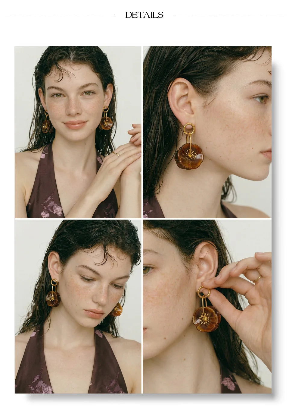 Resin acrylic flower earrings in gold-plated stainless steel with resin and acrylic.