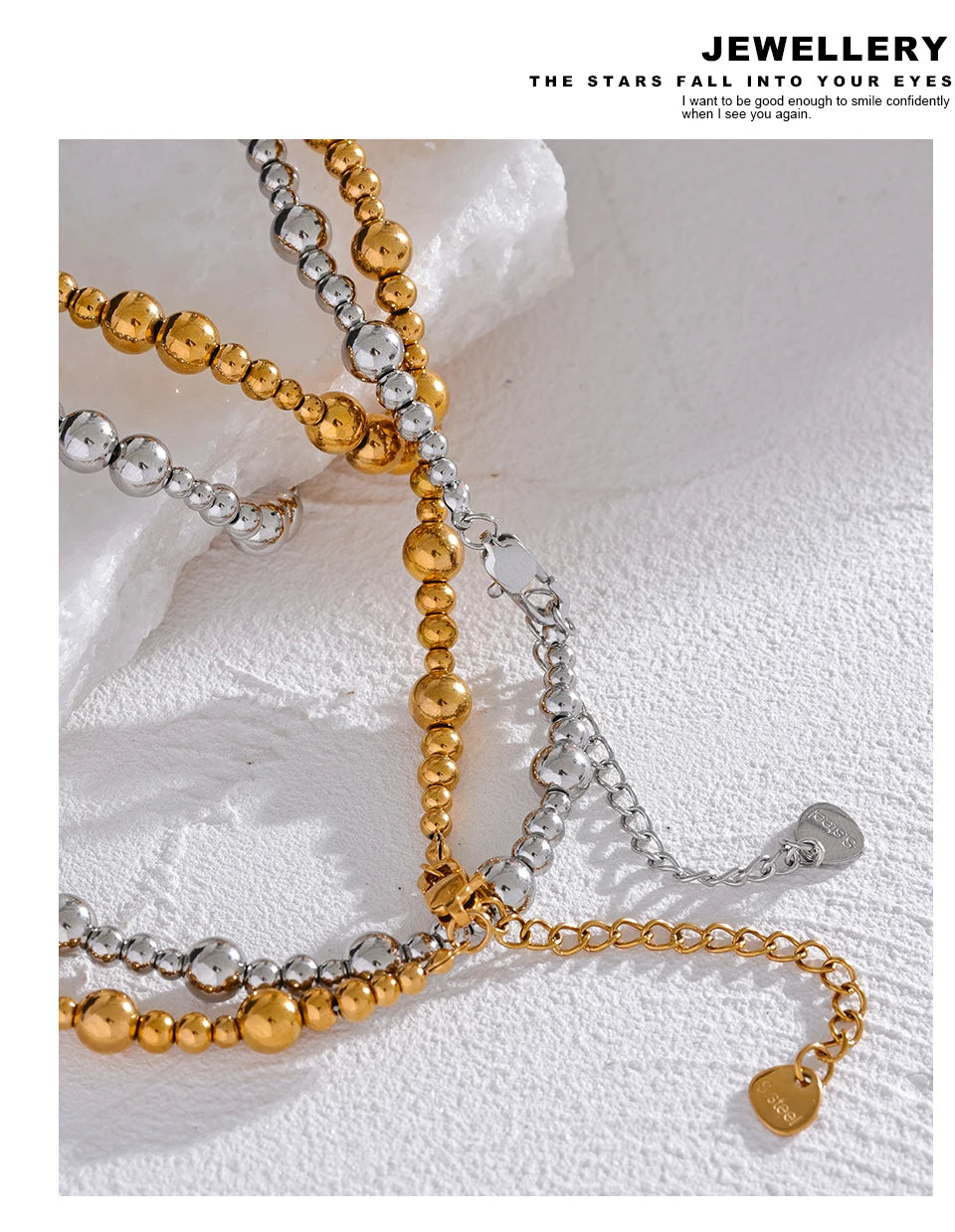 Beaded geometric chain necklace in gold-plated stainless steel.