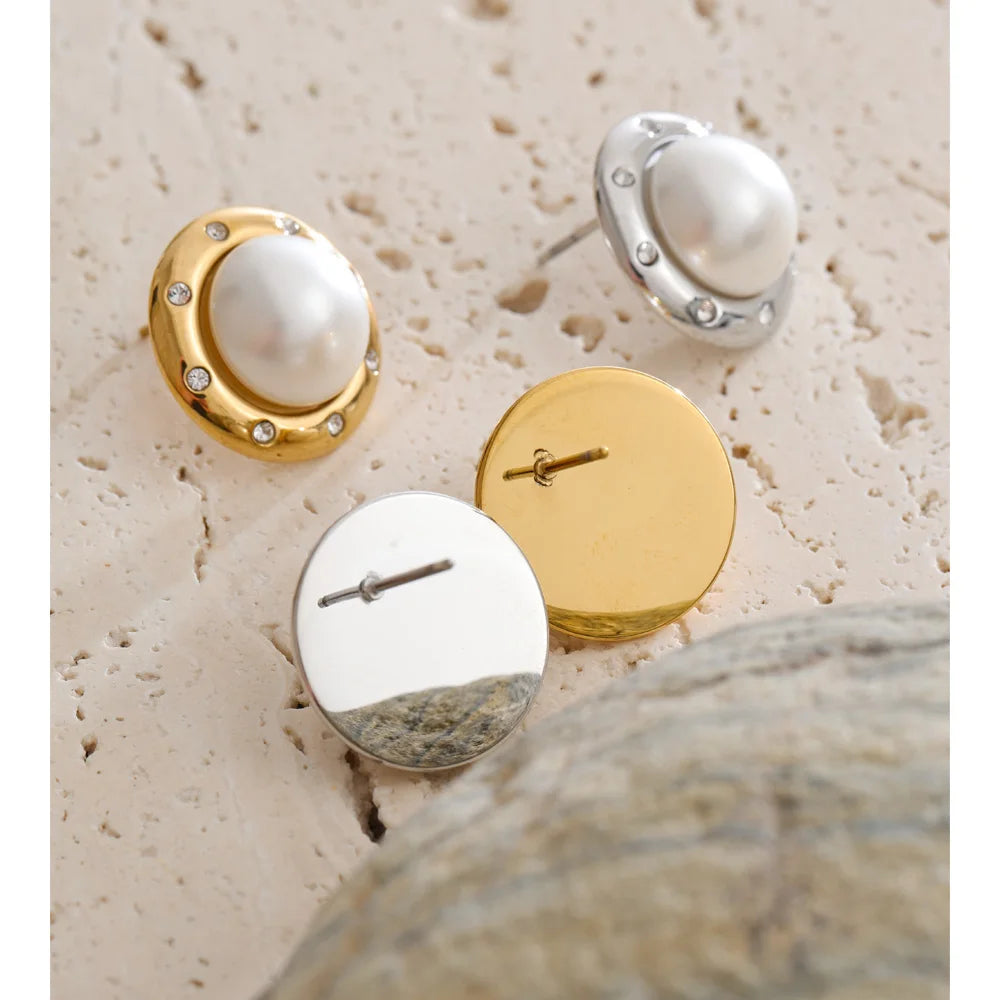 Cubic Zirconia Pearl Geometric Earrings — Gold-Plated Stainless Steel with Pearl and Cubic Zirconia · PS1536