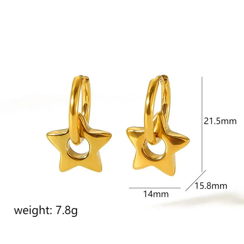 Fashion Classic 18K Gold Plated Flower Heart Dangle Earrings Glossy Waterproof Stainless Steel Star Moon Pendant Hoop Earrings