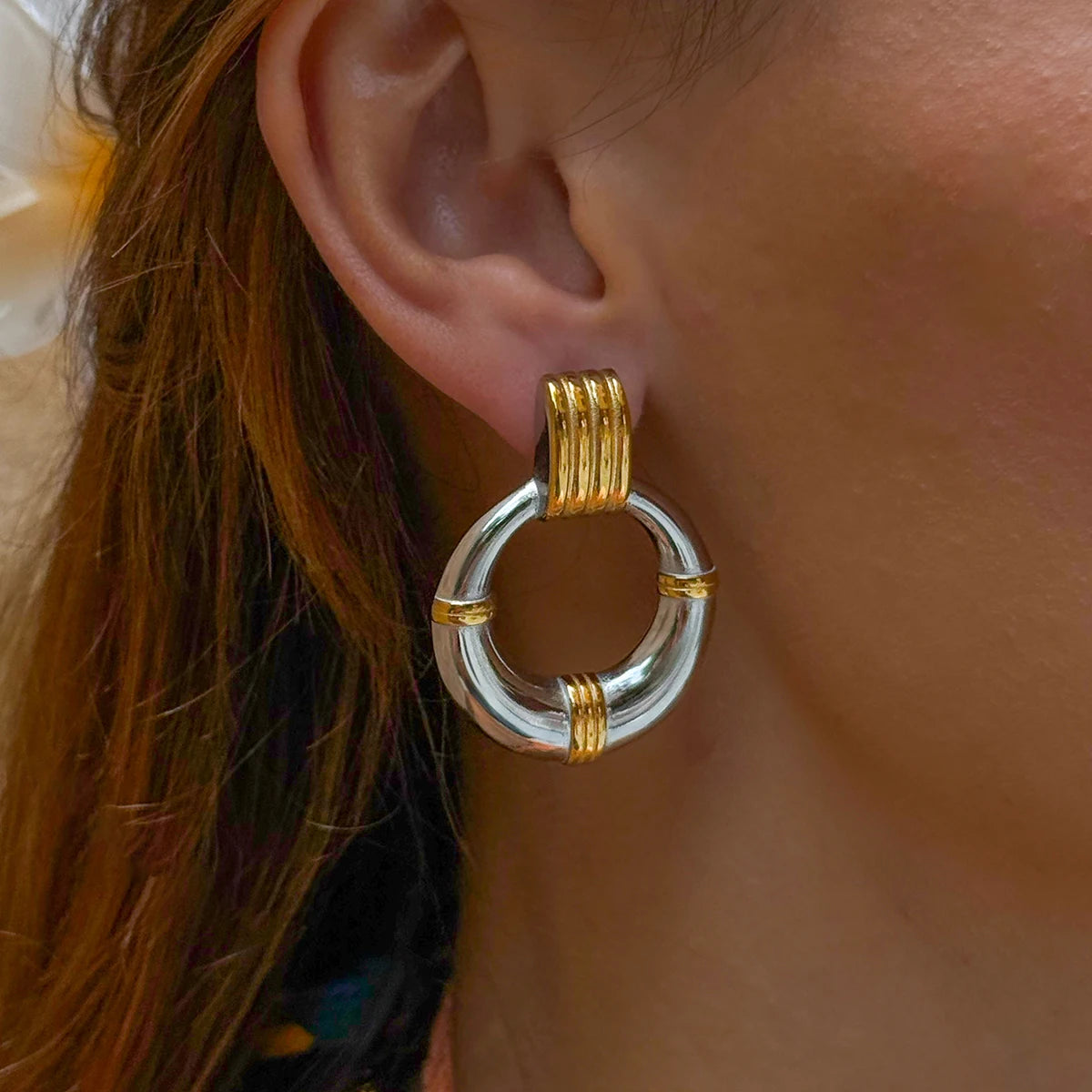 Two-Tone Ring Drop Earrings — 18K Gold Plated · PA010