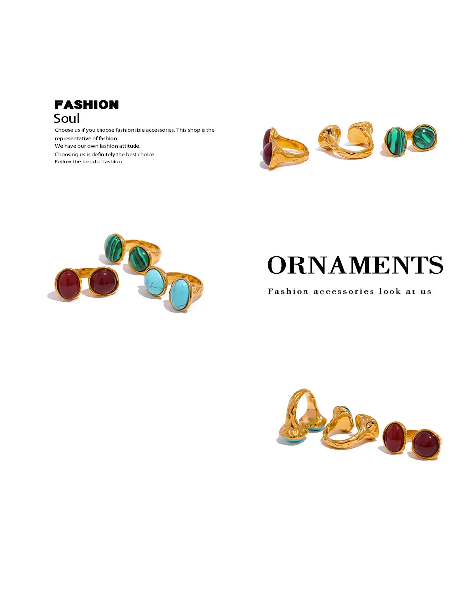 Red natural stone vintage ring in 18K gold-plated stainless steel with natural stone.