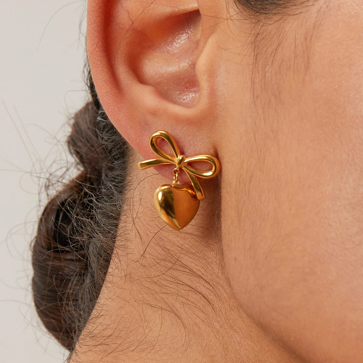 Bow Heart Drop Earrings — Stainless Steel · PS064