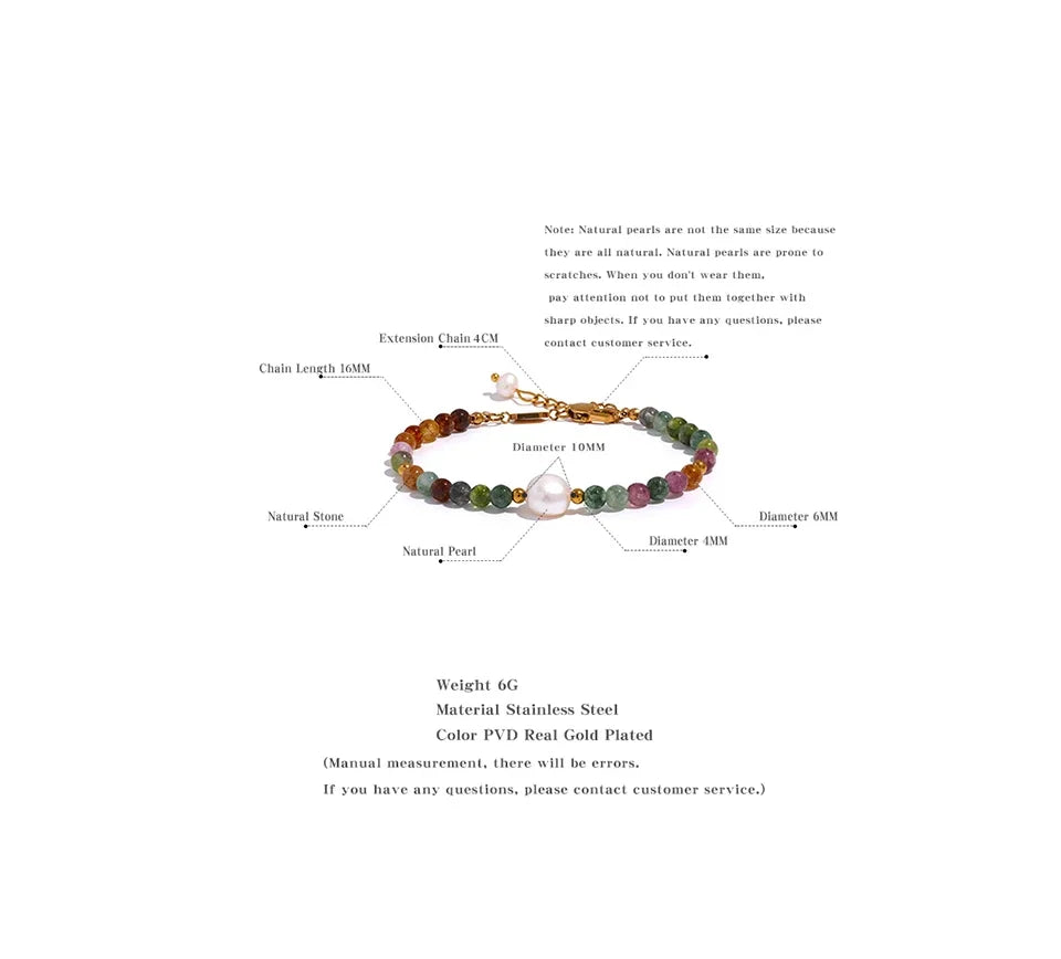 Pearl natural stone beaded bracelet in gold-plated stainless steel with pearl and natural stone.