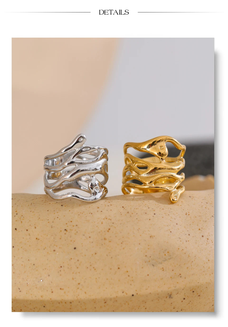 Geometric layered ring in gold-plated 316L stainless steel.